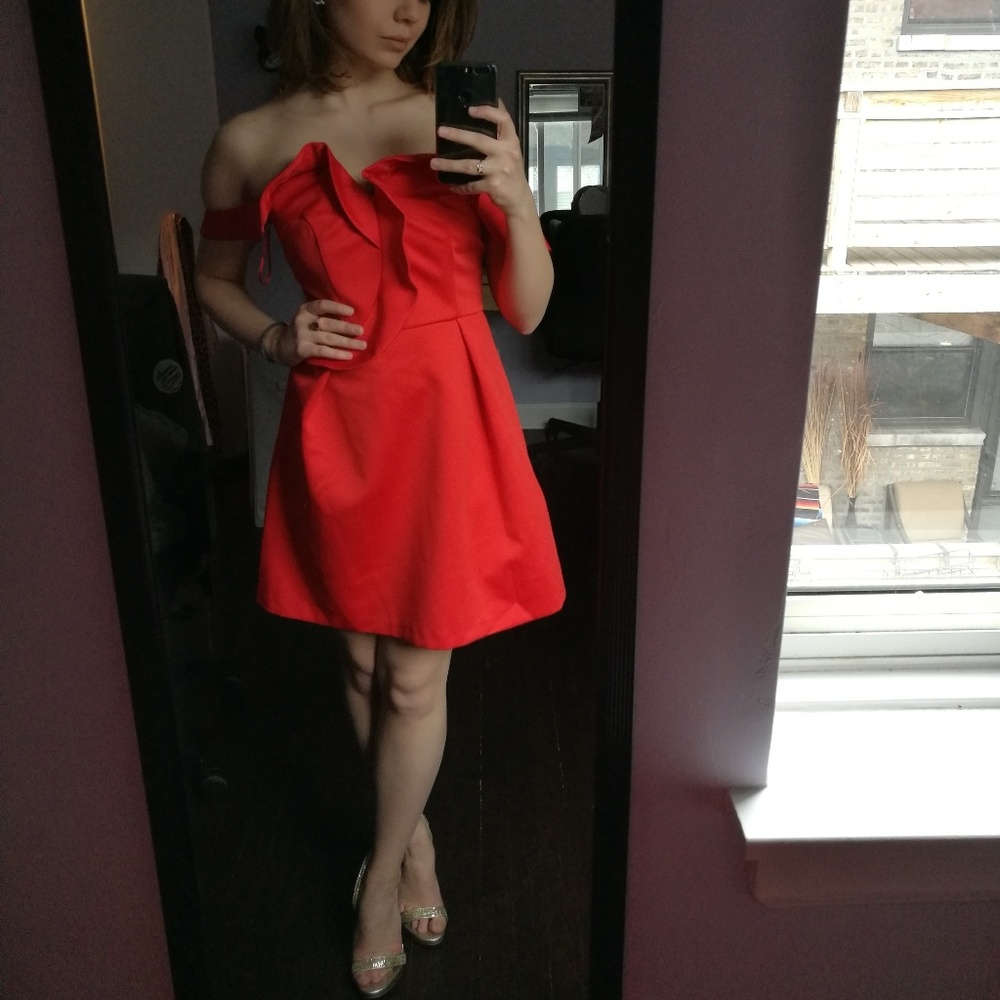 Red off-the-shoulder mini dress
